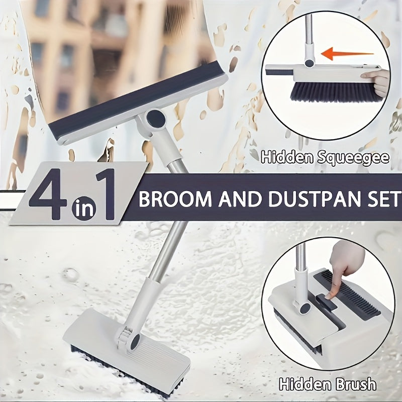 Broom And Dustpan Set 4-in-1 Multi-functional Cleaning Set Adjustable Sweeping And Water-scrubbing Broom Bathroom And Kitchen Floor Scraper Floor Brush  Garbage Shovel Thick Plastic And Handle Ho